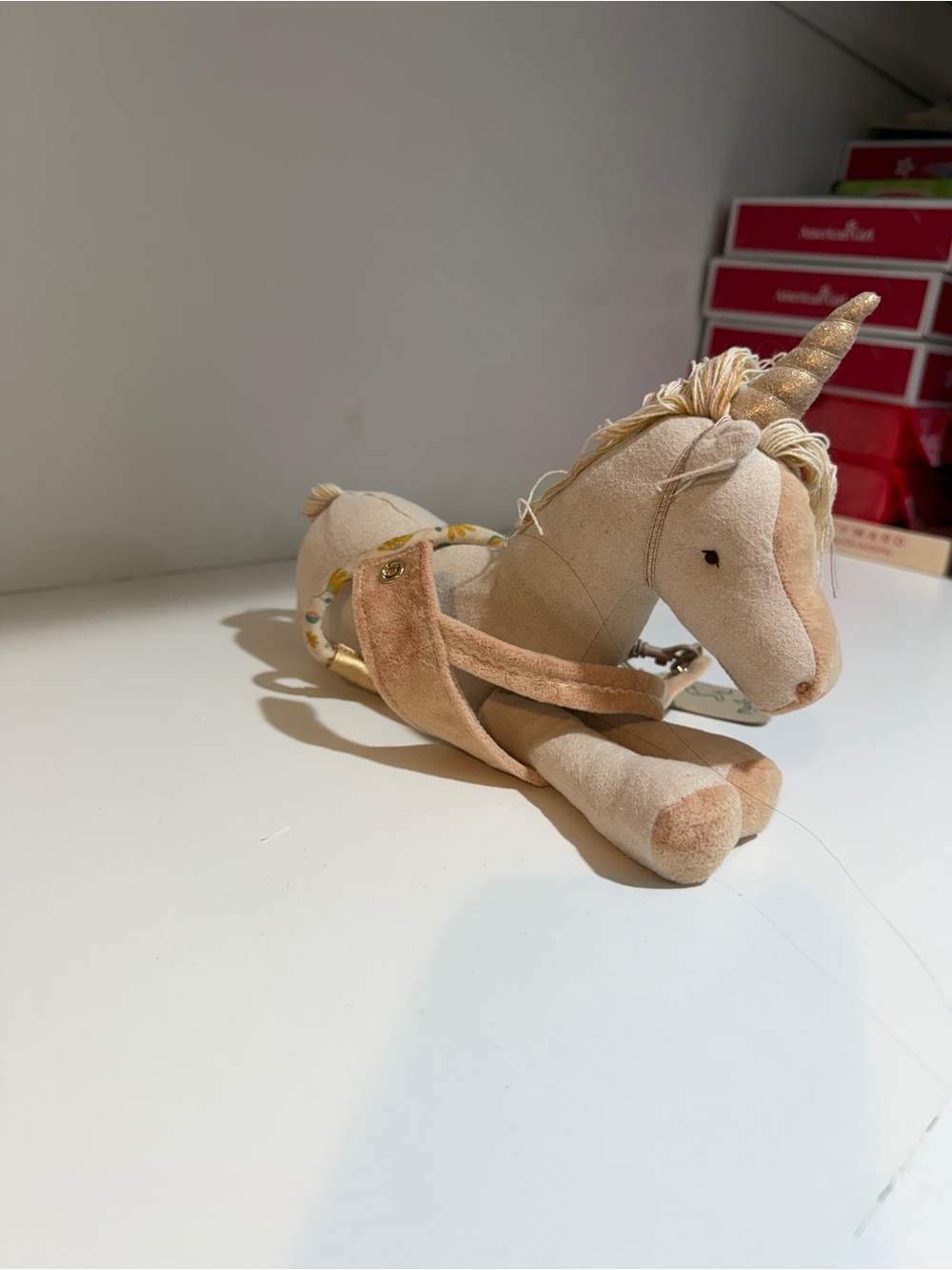 RARE. RETIRED EDITION. Plush Cream Unicorn Clip-On Backpack Charm with Gold Horn
